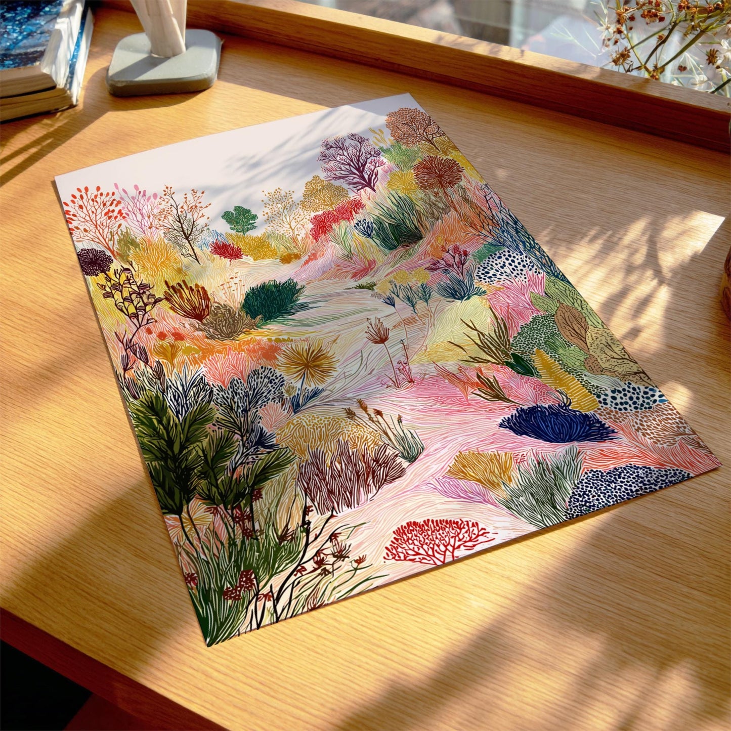 Whirlwind Meadow - Pastel Meadow Landscape Art Print - Whimsical Nature Wall Decor Poster