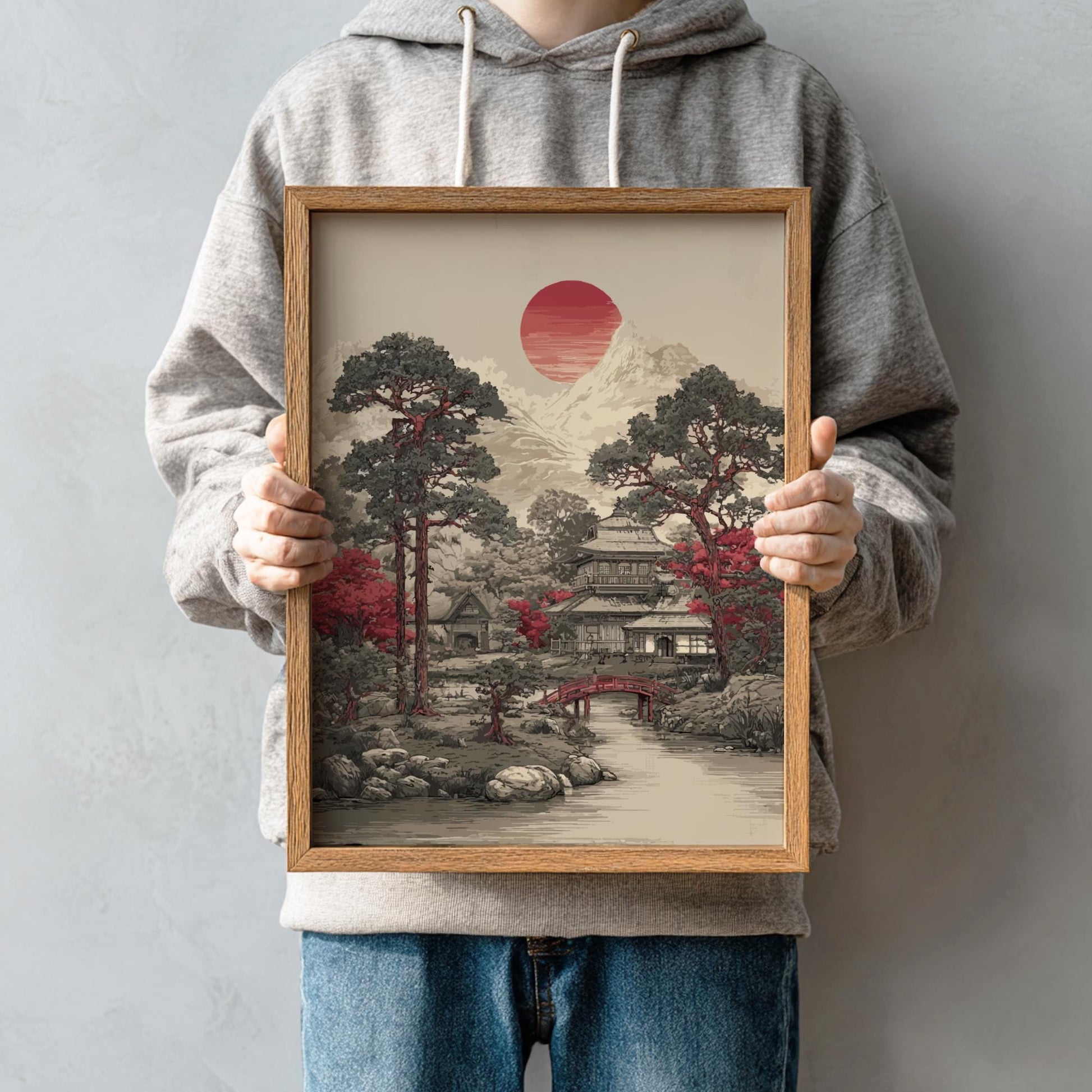 Japanese Garden Print: Sumi-e Red Bridge, Temple Art