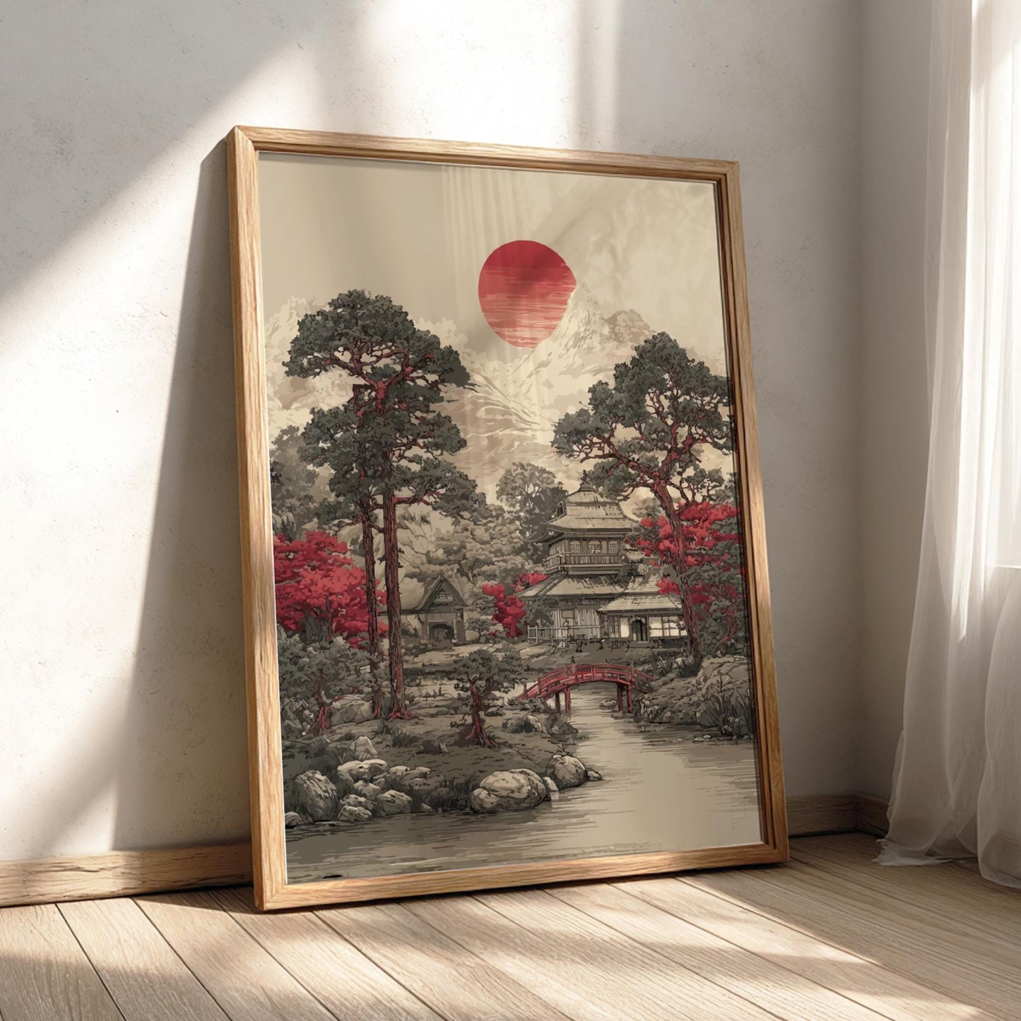 Japanese Garden Print: Sumi-e Red Bridge, Temple Art