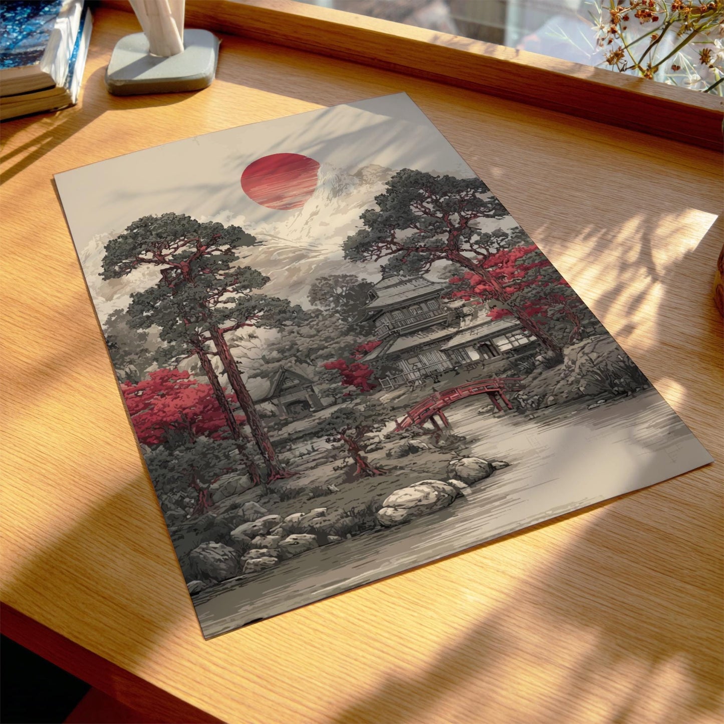 Japanese Garden Print: Sumi-e Red Bridge, Temple Art