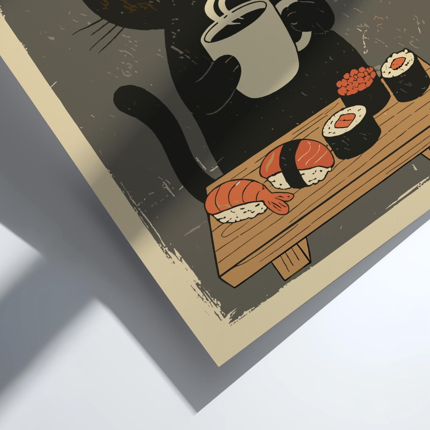 Japanese Ukiyo-e Black Cat Poster, Sushi Cat Art Print