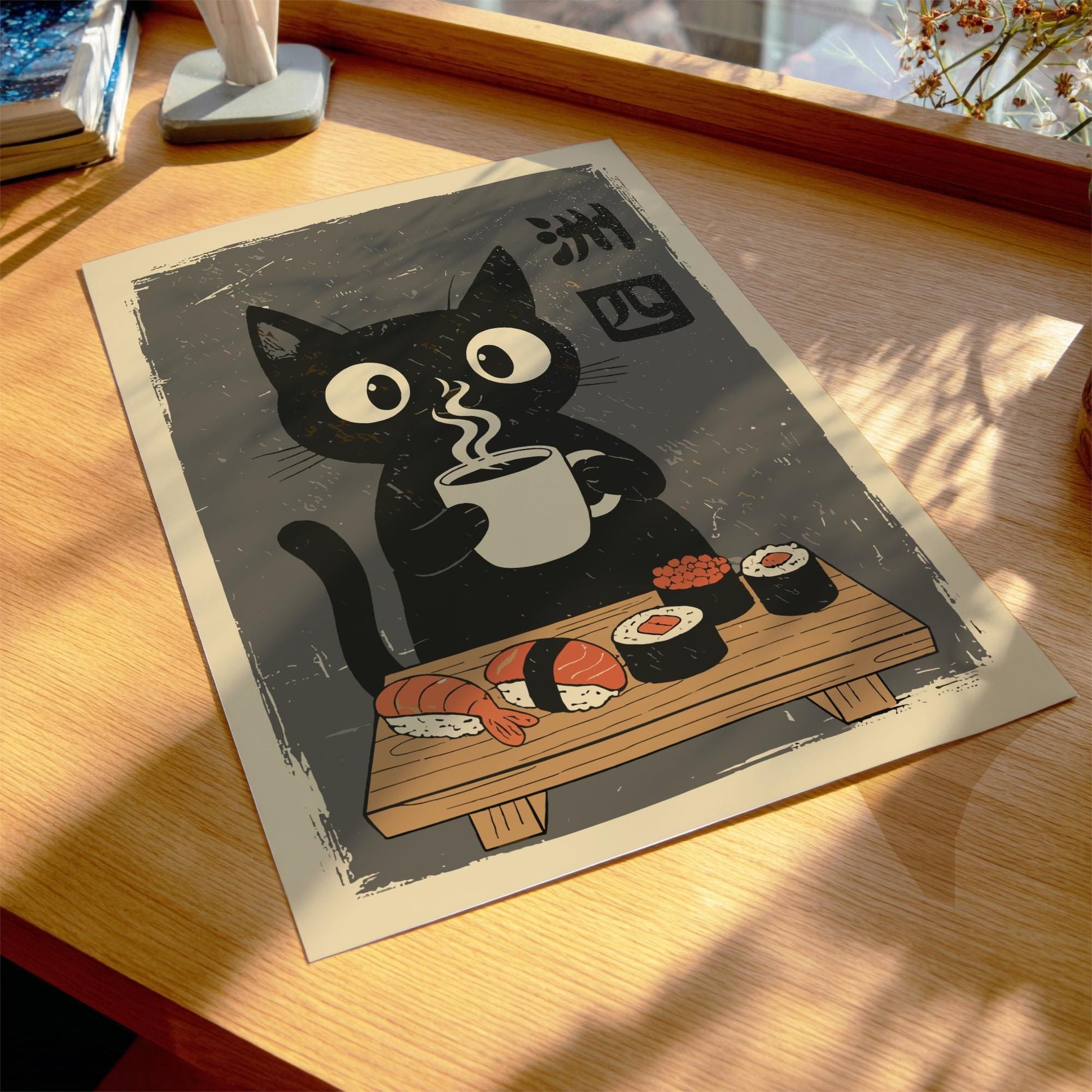 Japanese Ukiyo-e Black Cat Poster, Sushi Cat Art Print