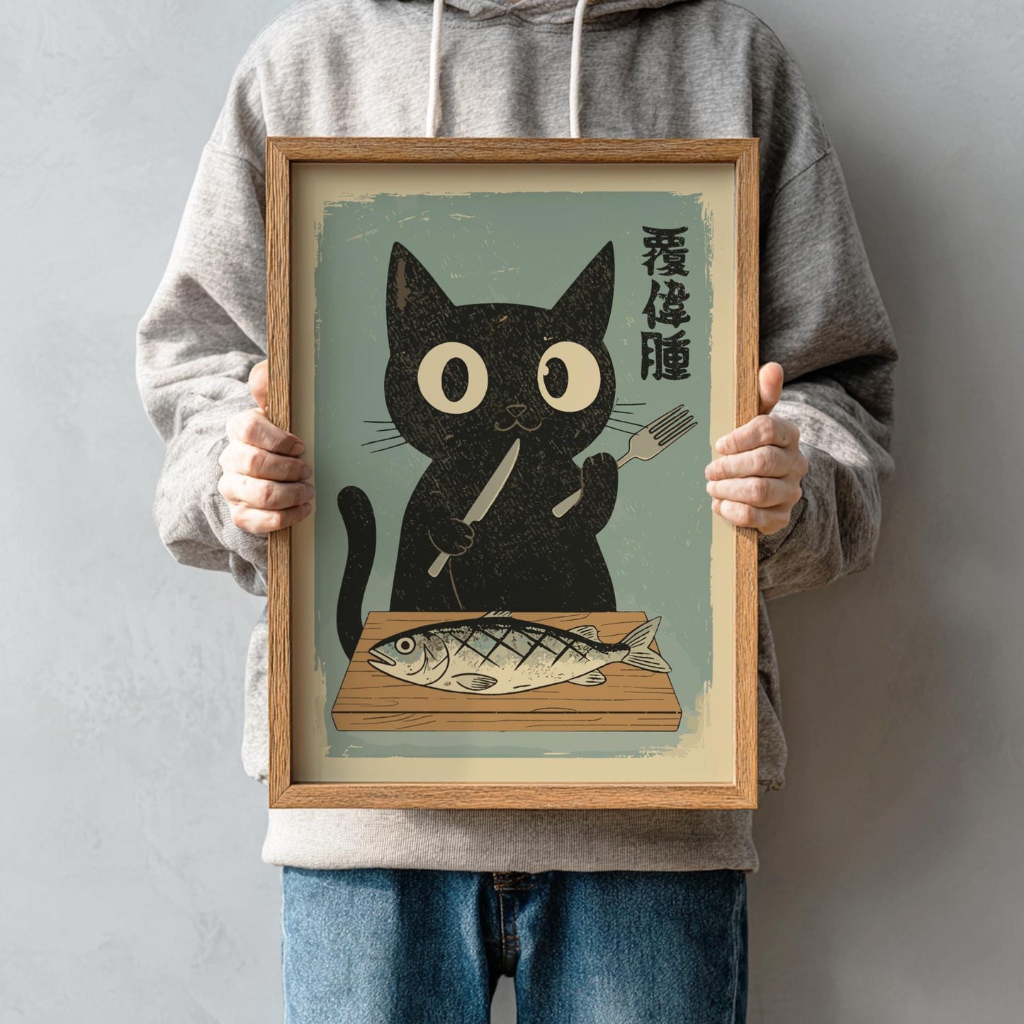 Cat Eating Fish Art Print