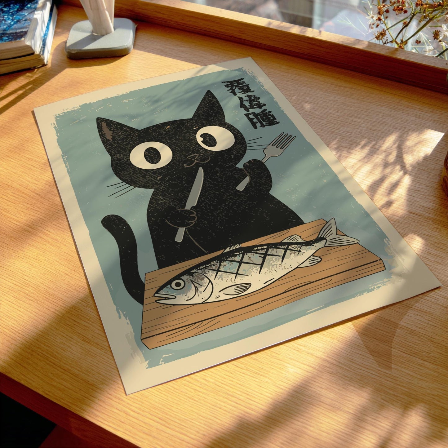 Cat Eating Fish Art Print
