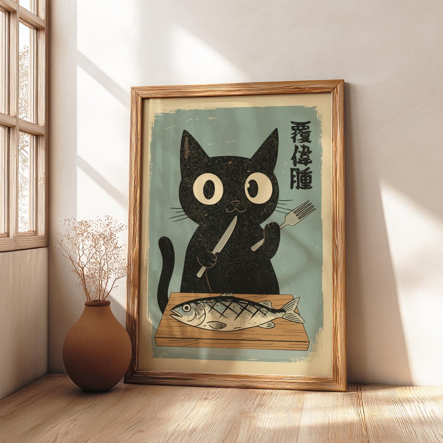 Cat Eating Fish Art Print