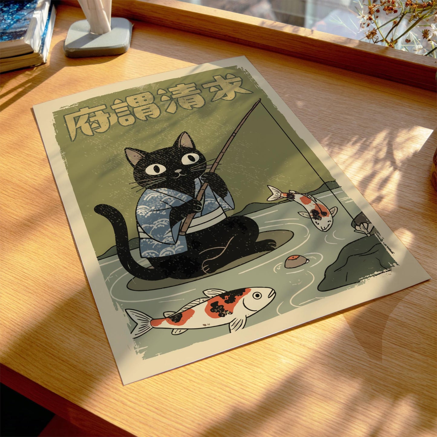 Cat Fishing Koi Print, Japanese Woodblock Style Poster
