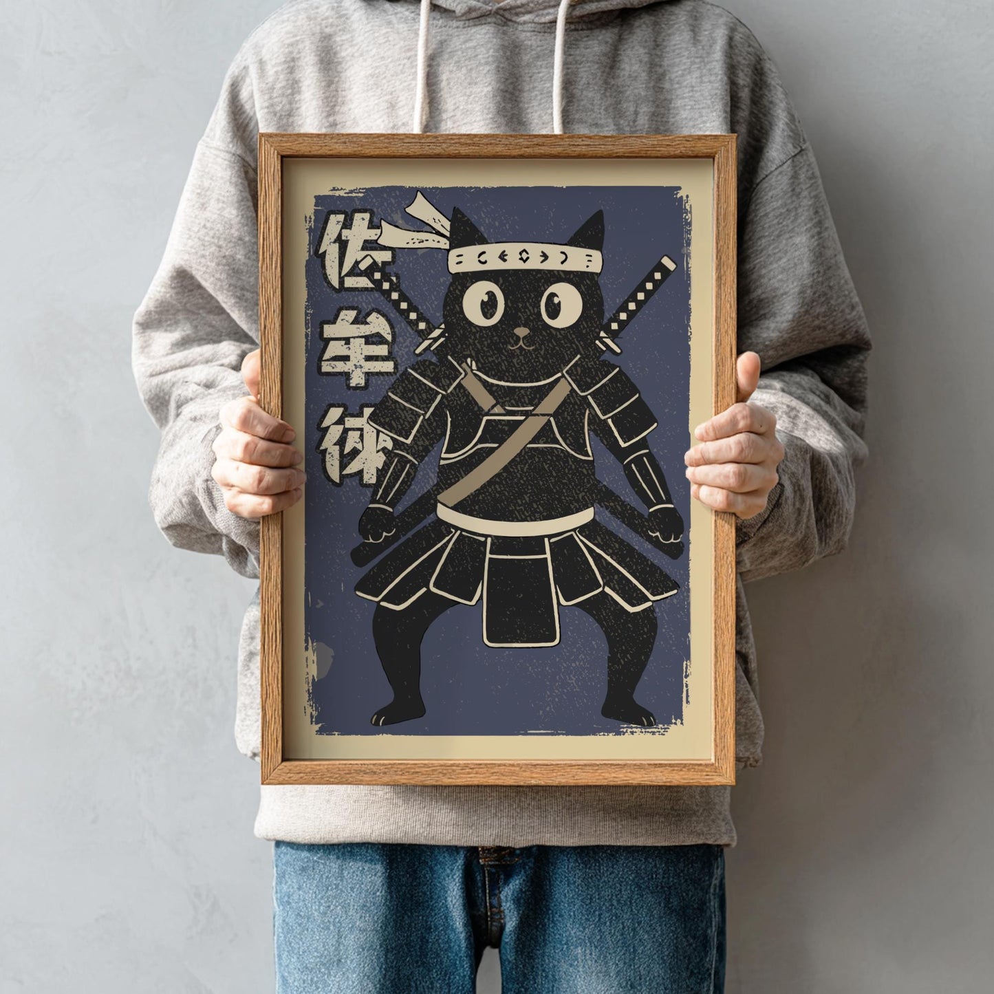 Samurai Cat in Armor Poster, Traditional Japanese Warrior Art