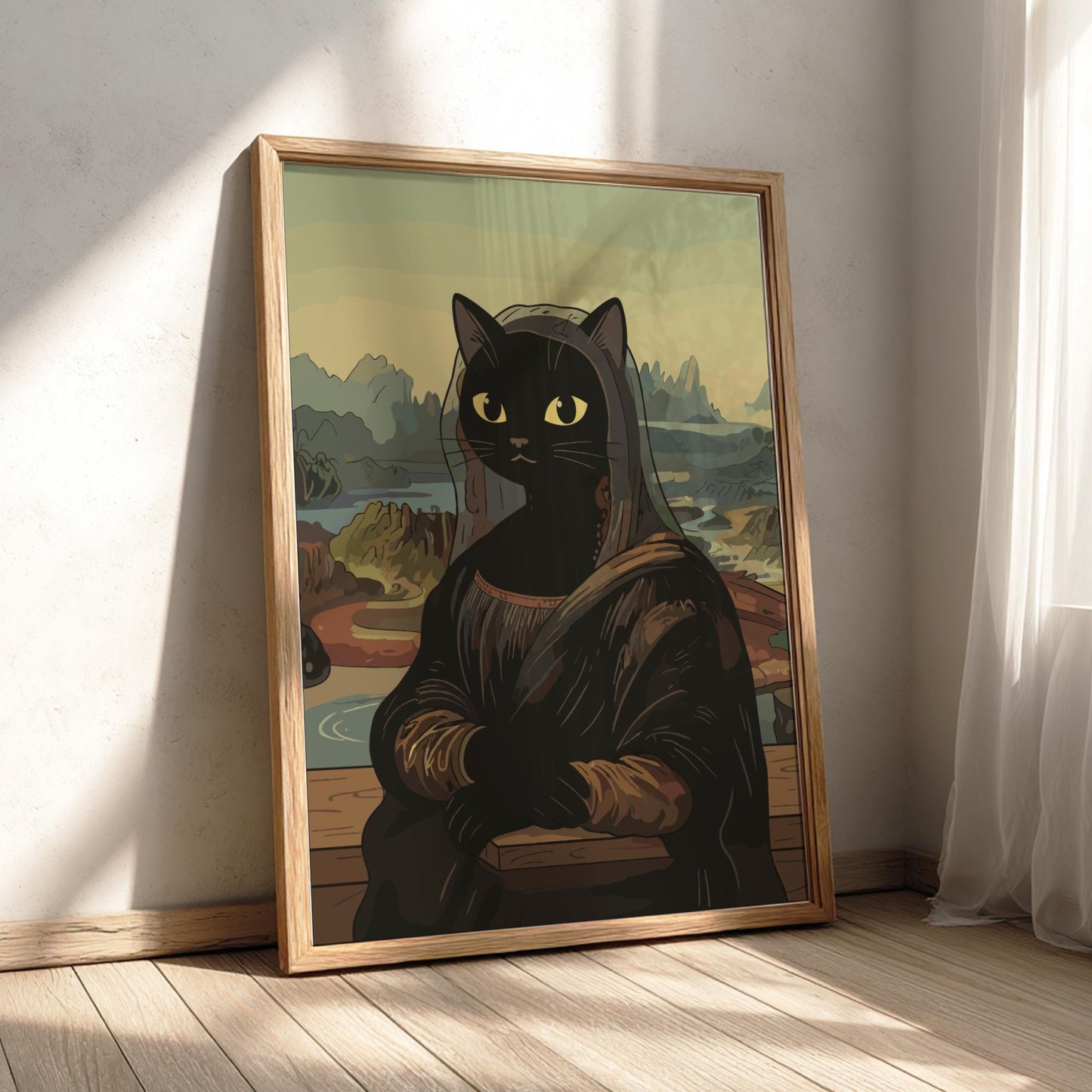 Black Cat Mona Lisa Poster, Funny Art Parody Print