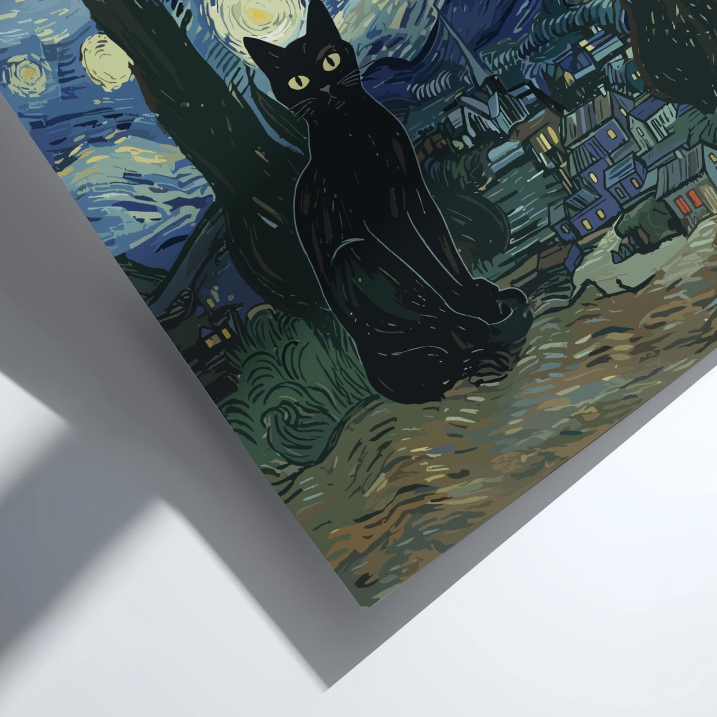 Black Cat Starry Night Poster, Van Gogh Art Parody Print