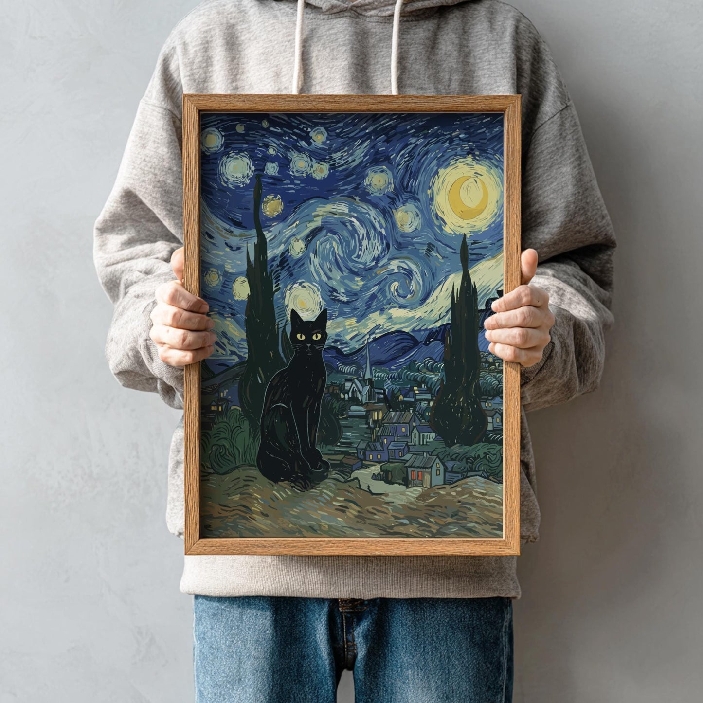 Black Cat Starry Night Poster, Van Gogh Art Parody Print