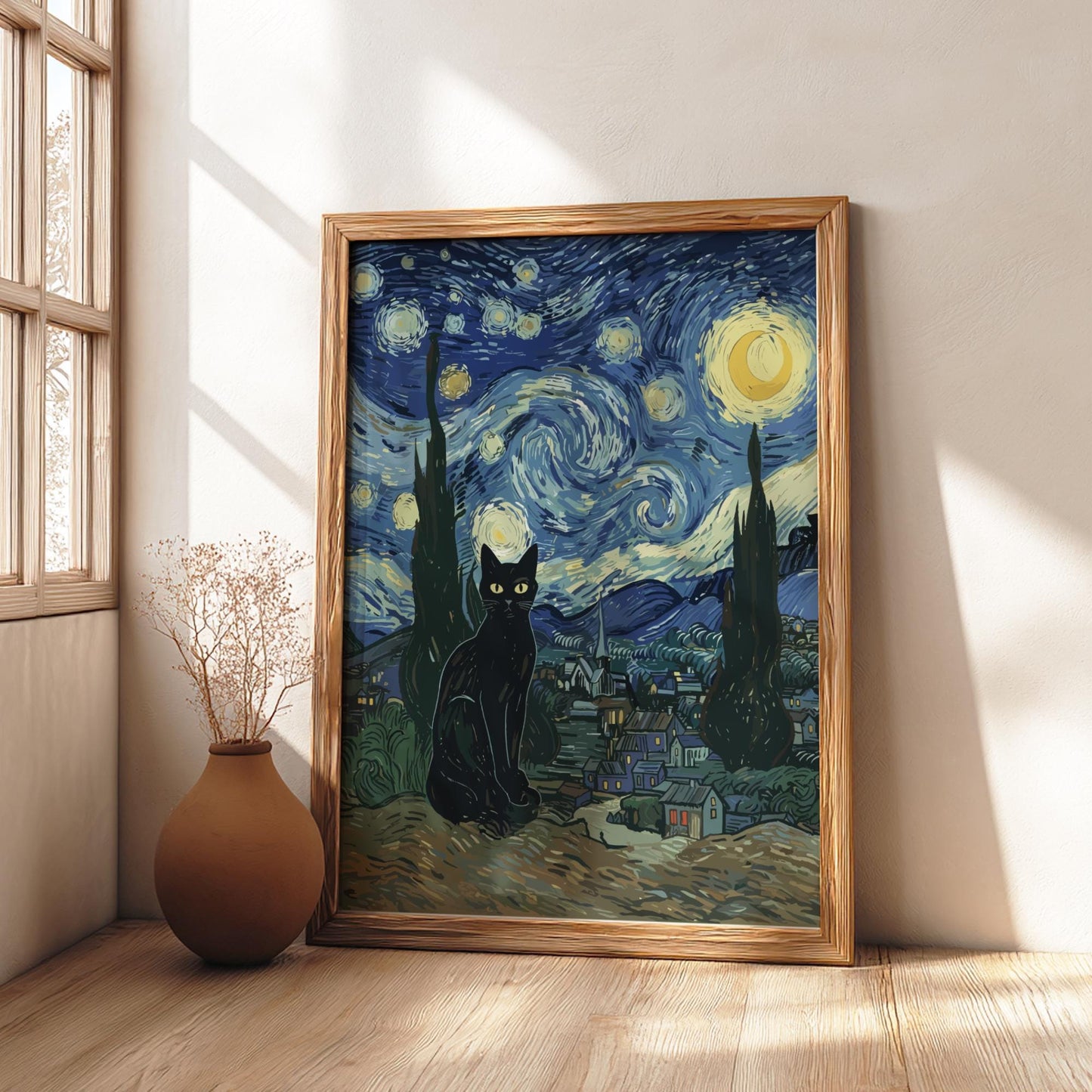 Black Cat Starry Night Poster, Van Gogh Art Parody Print