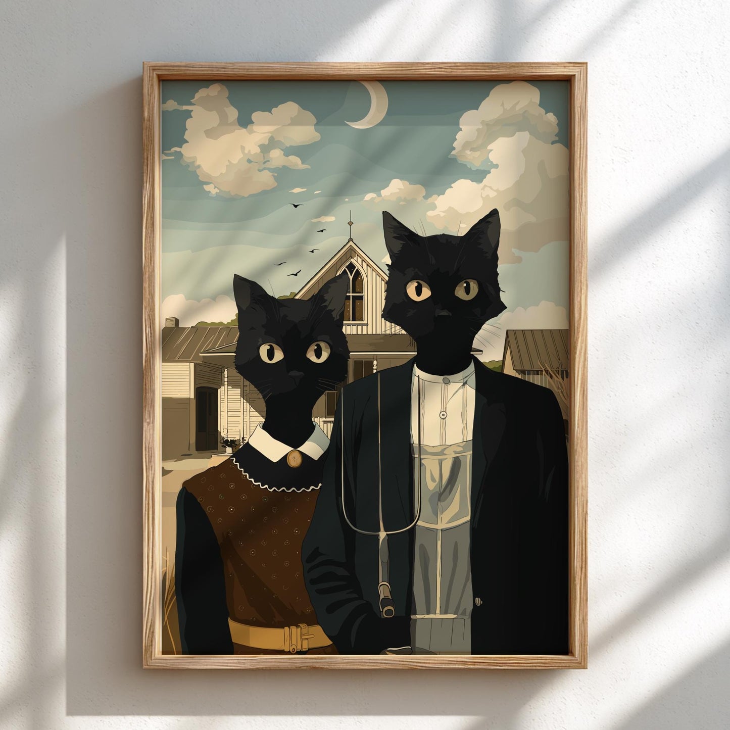 American Gothic Black Cats Poster, Funny Parody Art Print