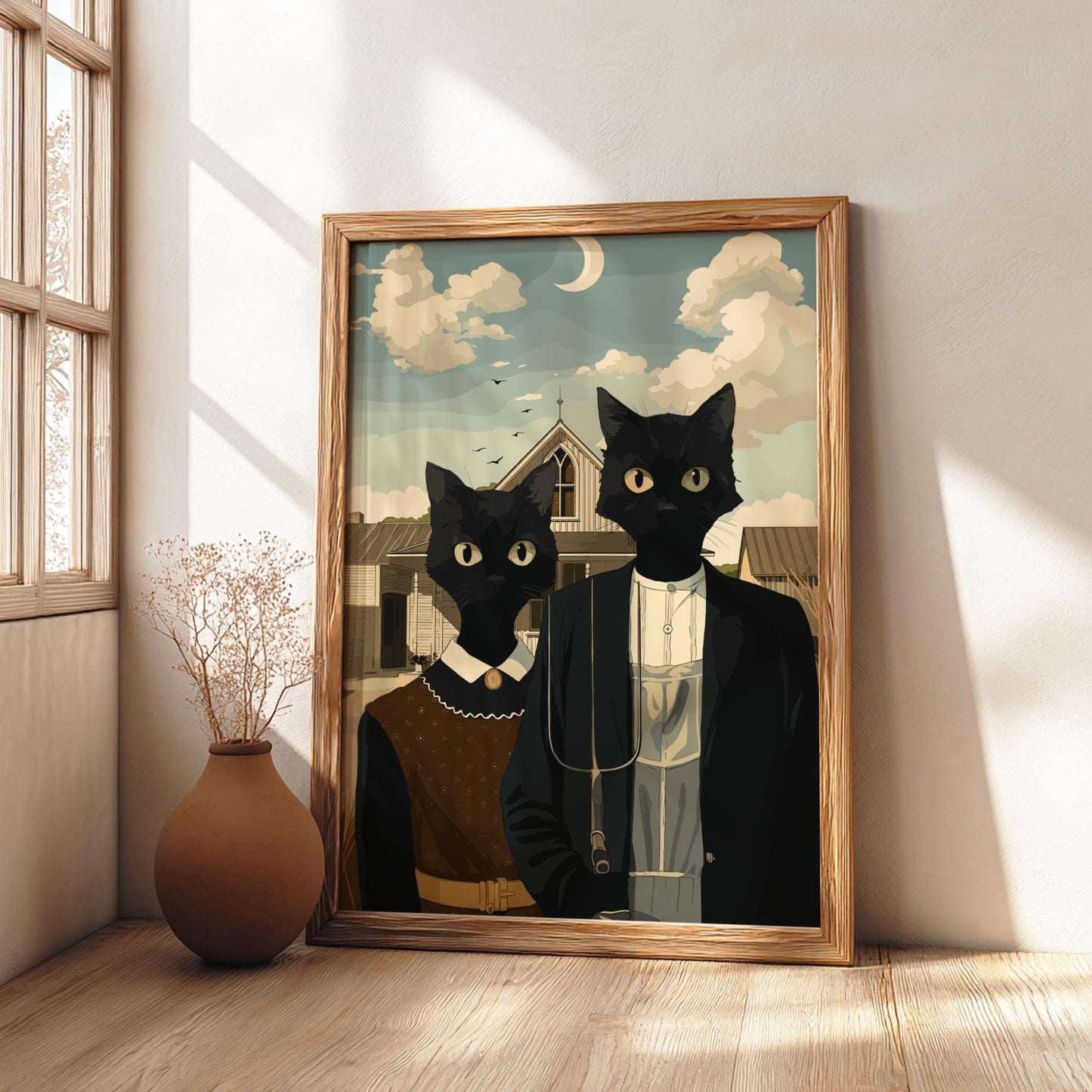 American Gothic Black Cats Poster, Funny Parody Art Print