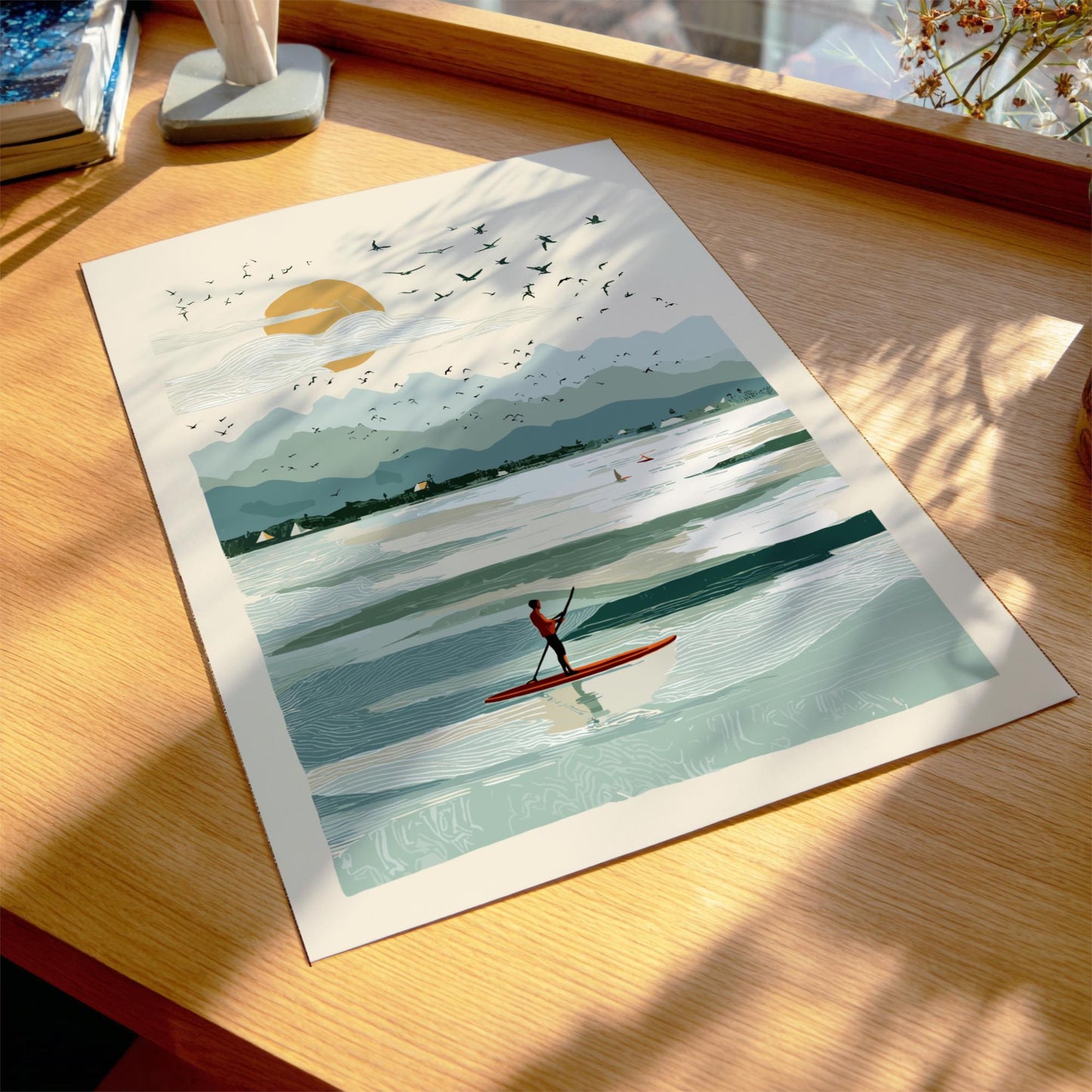 SUP on Serene Waters - Pastel Paddle boarding Poster - Serene Nature Wall Decor Poster