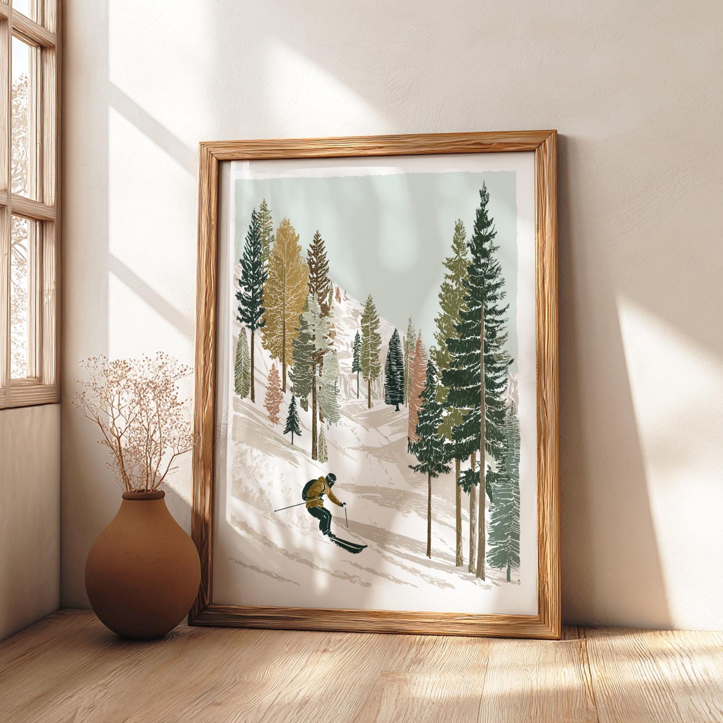 Ski Over Powder Peaks - Pastel Mountain Skiing Poster - Serene Nature Wall Decor Poster