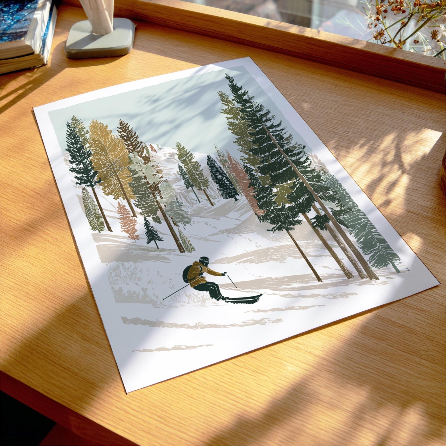 Ski Over Powder Peaks - Pastel Mountain Skiing Poster - Serene Nature Wall Decor Poster