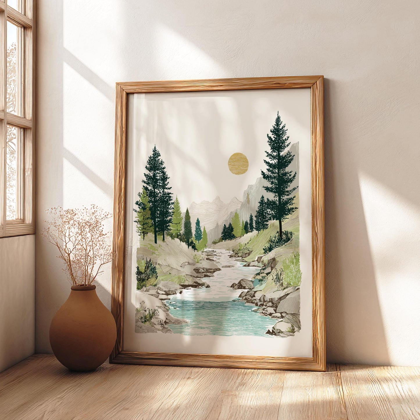Pine Creek - Pastel Pine Forest Landscape Poster - Serene Nature Wall Decor Poster
