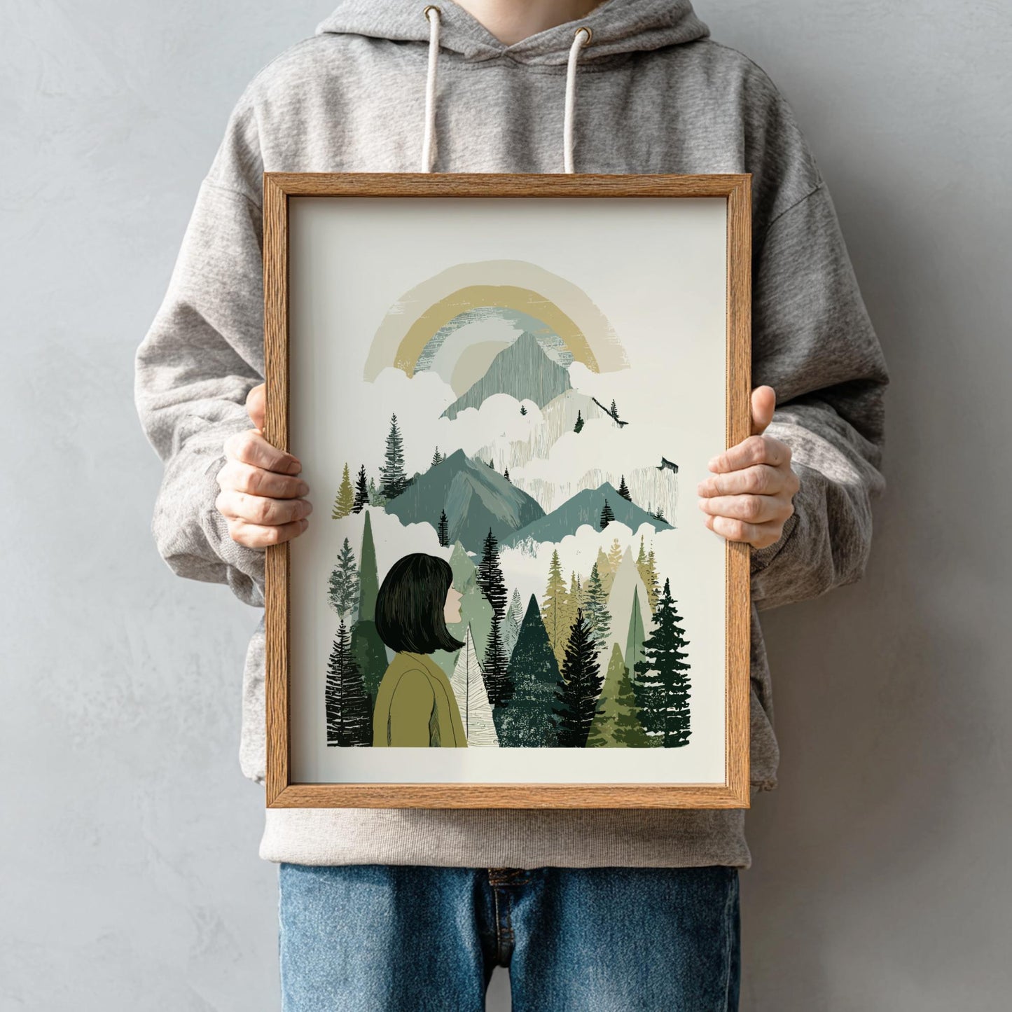 Misty Summit Whisper - Pastel Forest View Poster - Serene Nature Wall Decor Poster