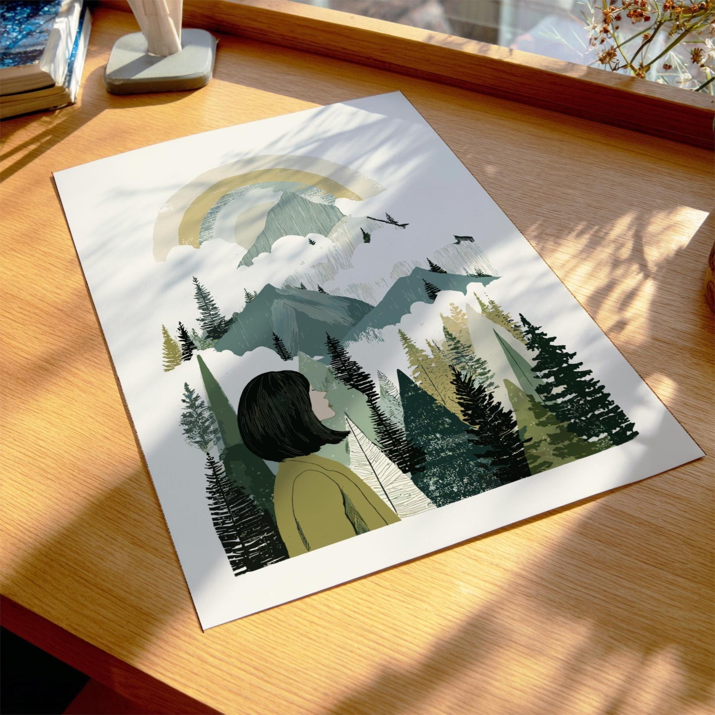 Misty Summit Whisper - Pastel Forest View Poster - Serene Nature Wall Decor Poster