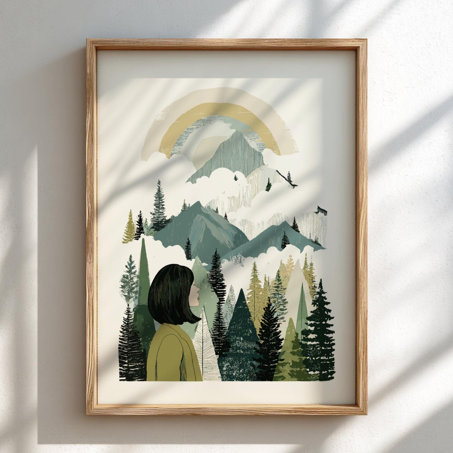 Misty Summit Whisper - Pastel Forest View Poster - Serene Nature Wall Decor Poster