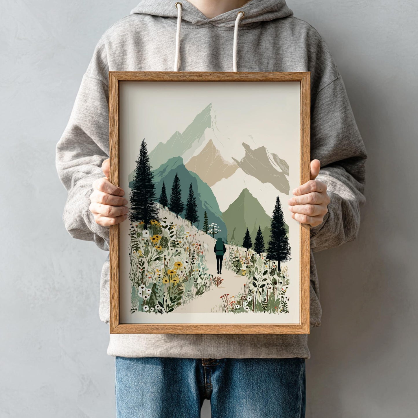 Hike Through Mists - Pastel Hiking Poster - Serene Nature Wall Decor Poster