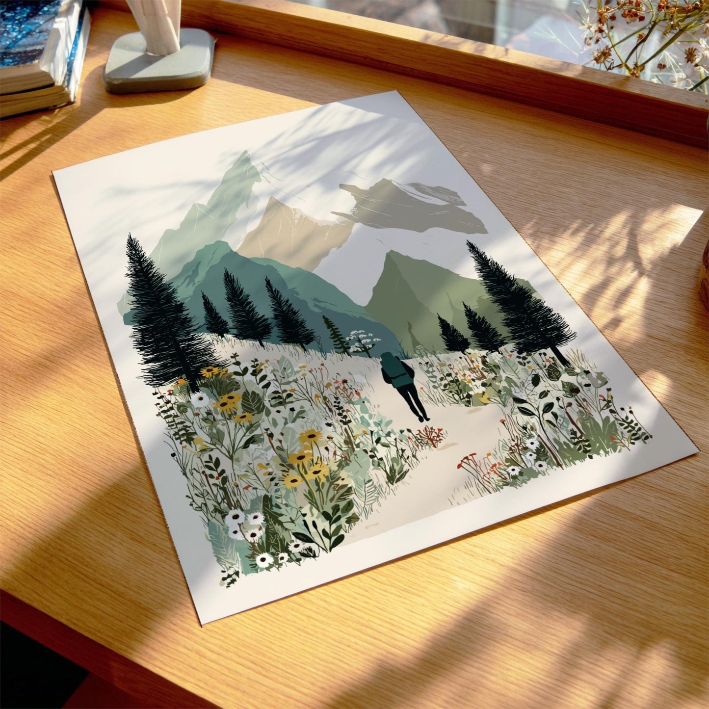 Hike Through Mists - Pastel Hiking Poster - Serene Nature Wall Decor Poster