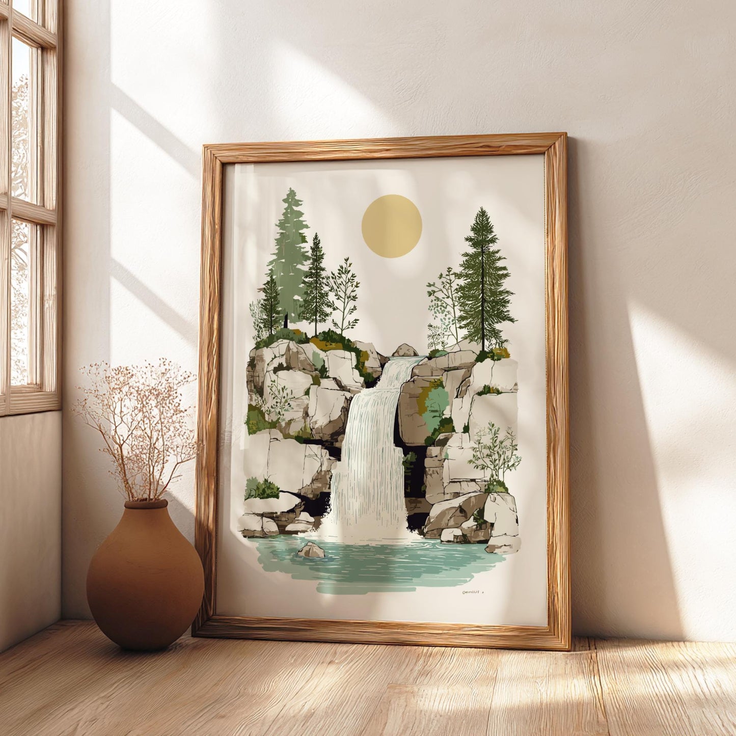 Golden Cascade - Pastel Waterfall Poster - Serene Nature Wall Decor Poster