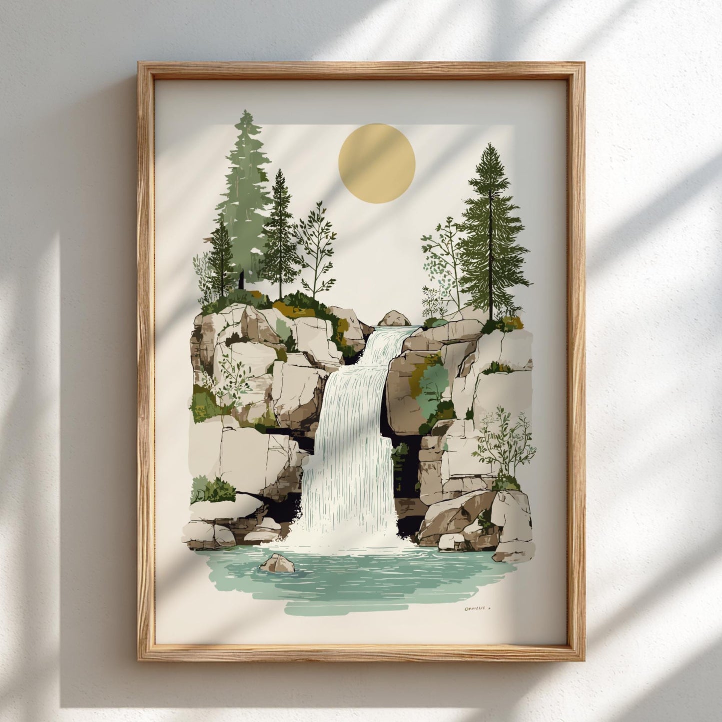 Golden Cascade - Pastel Waterfall Poster - Serene Nature Wall Decor Poster