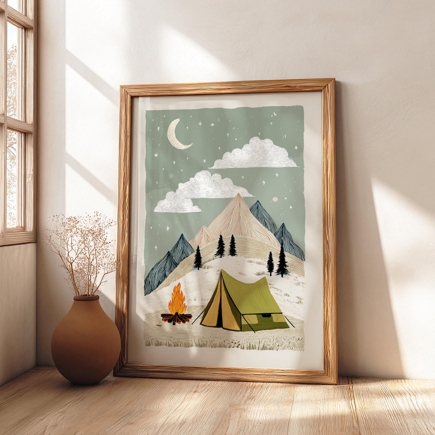 Camp Under the Moon - Pastel Camping Poster - Serene Nature Wall Decor Print