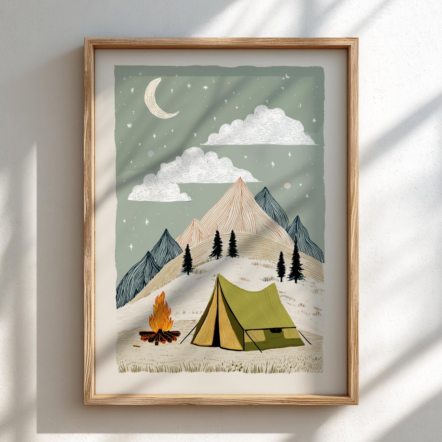 Camp Under the Moon - Pastel Camping Poster - Serene Nature Wall Decor Print