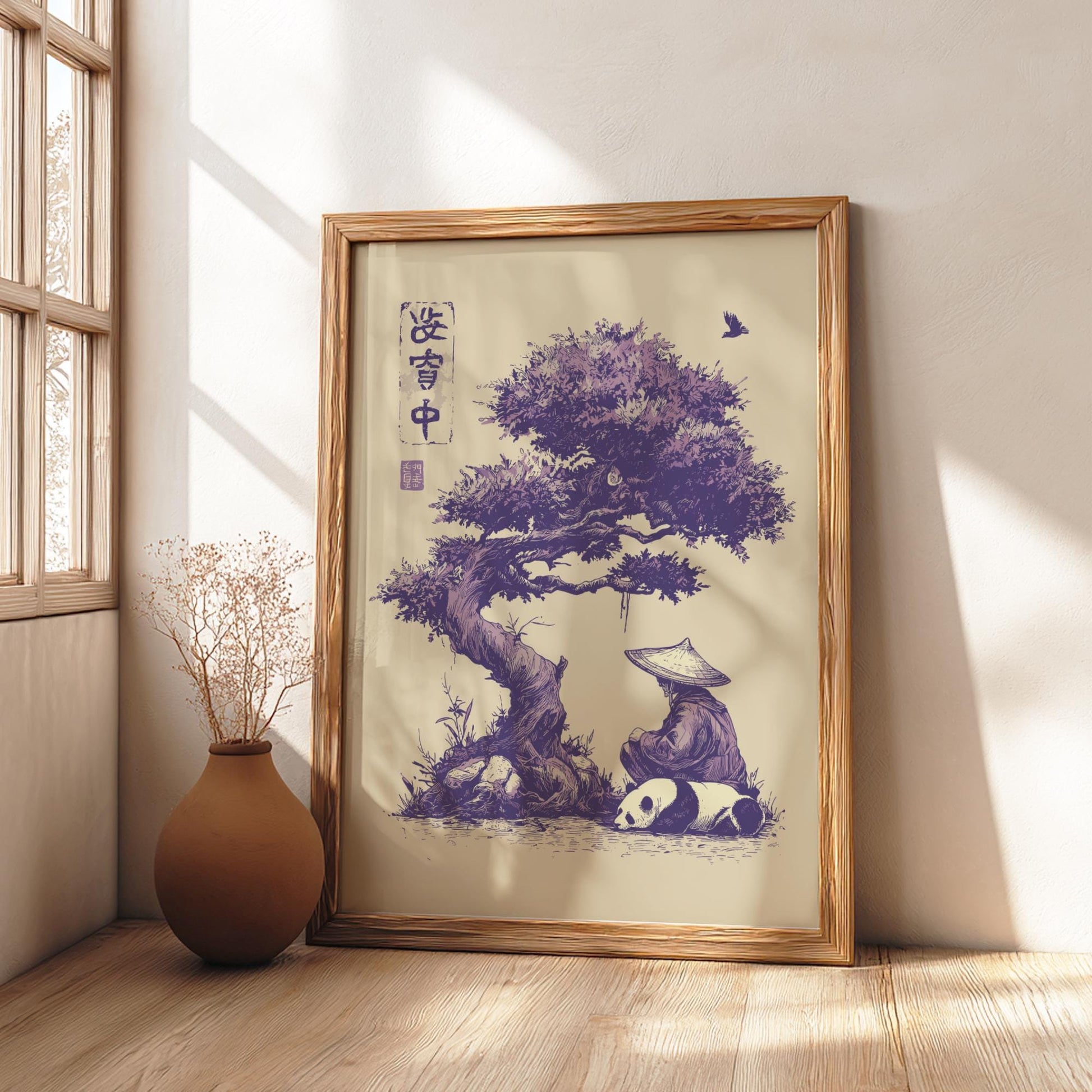 Meditative Panda & Monk Art Print | Japanese Style Ink Sketch | 'In Peace' Kanji Wall Decor | Tranquil Zen Home Decor