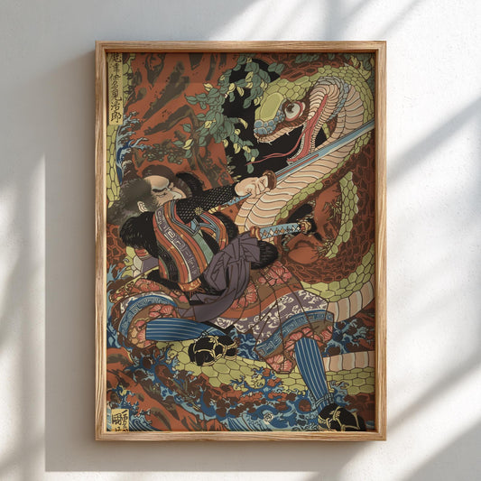 Matsui Tamijiro Fighting Giant Snake Kuniyoshi Print, Honcho Musha Kagami Ukiyo-e, Edo Japanese Woodblock