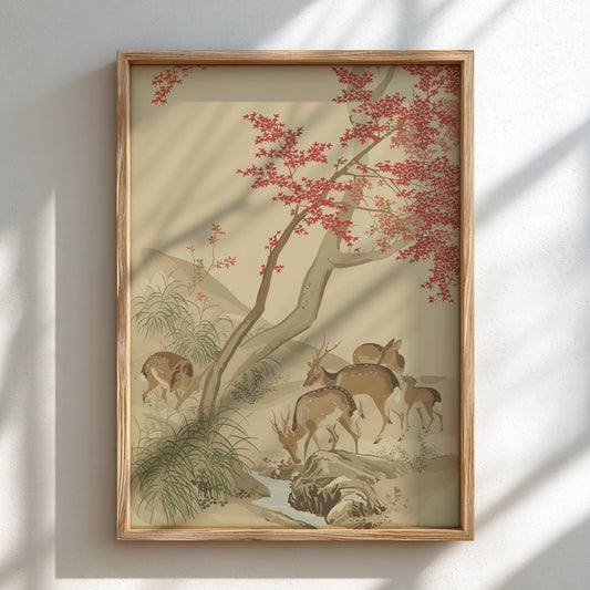 Five Deer Under Red Maples, Mori Tetsuzan Print, Japanese Autumn Landscape Ukiyo-e Art