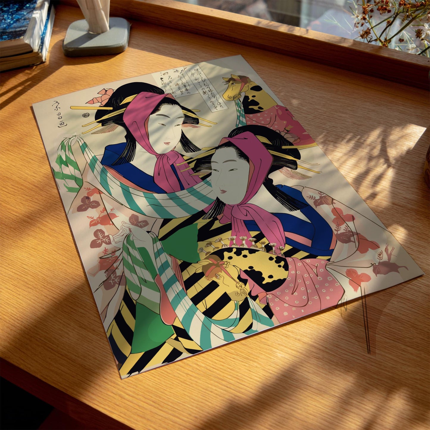 Two Geisha Performing Harukoma Dance Eisho Print, Edo Japanese Woodblock Ukiyo-e Art