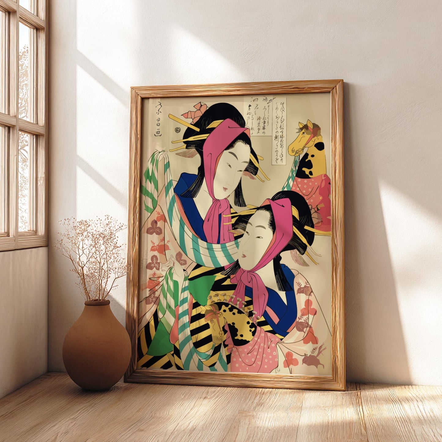 Two Geisha Performing Harukoma Dance Eisho Print, Edo Japanese Woodblock Ukiyo-e Art