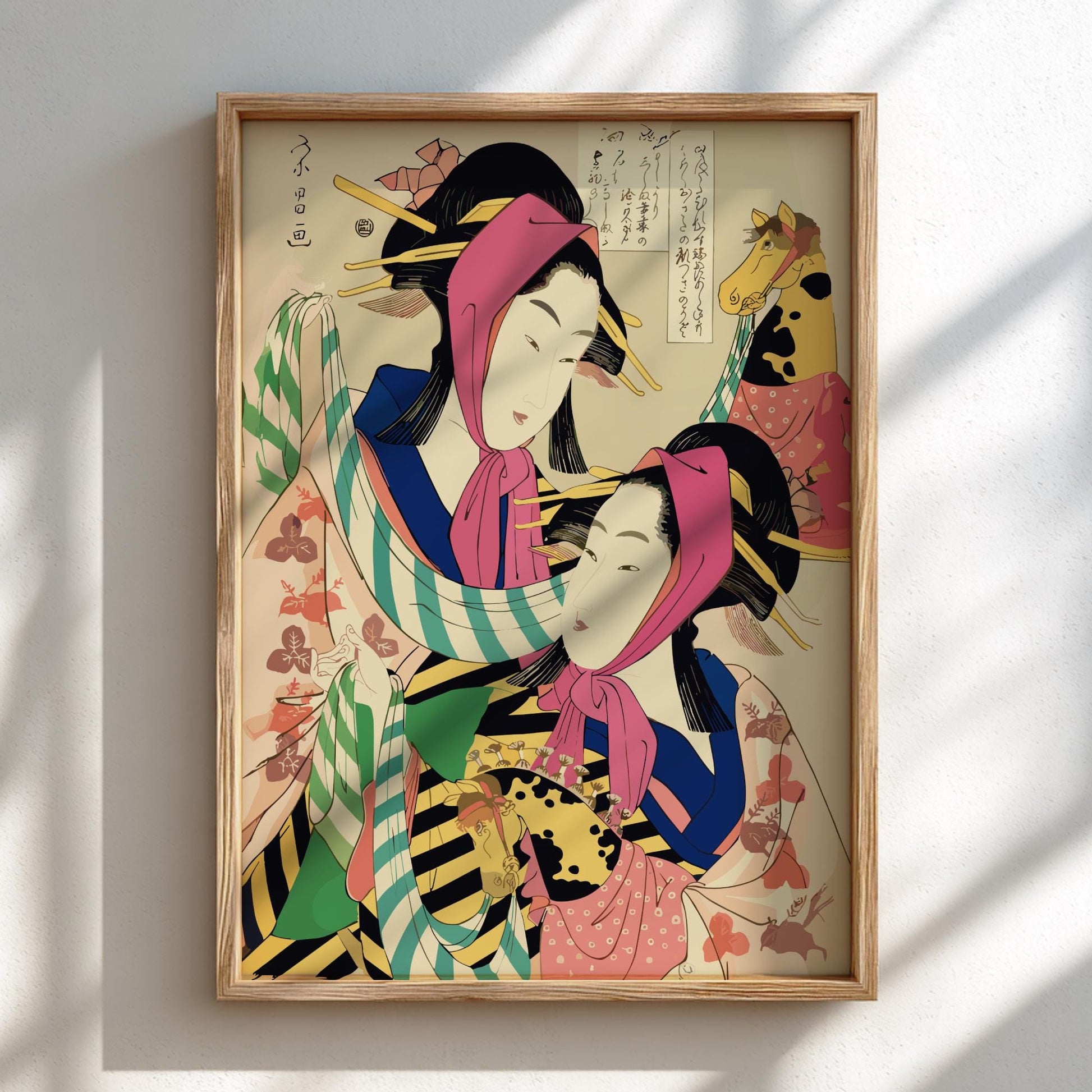 Two Geisha Performing Harukoma Dance Eisho Print, Edo Japanese Woodblock Ukiyo-e Art
