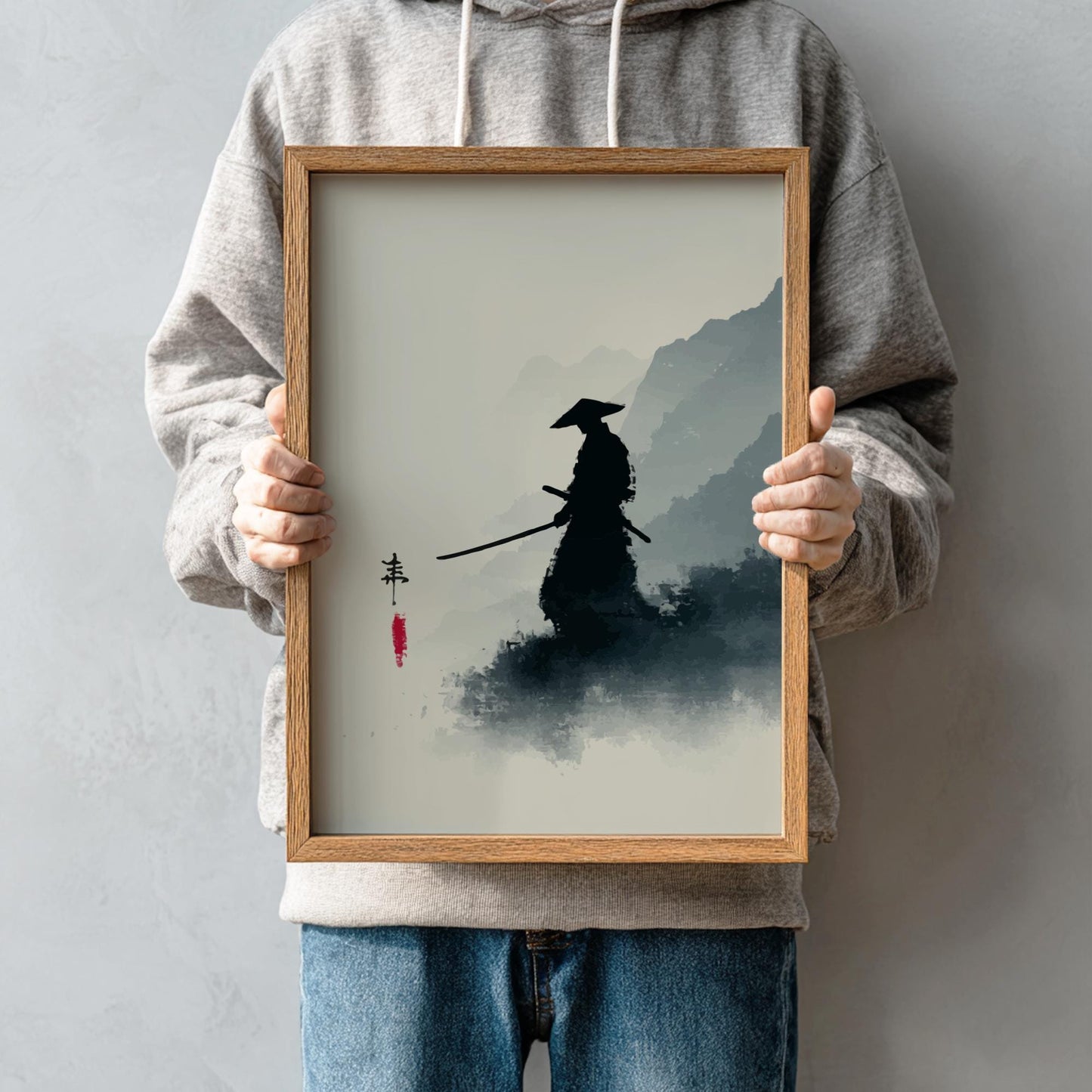 The Lone Blade in the Mists - Minimalist Japanese Ink Wash Landscape Print, Silhouette Figure Art, Zen Mountain Wall Decor