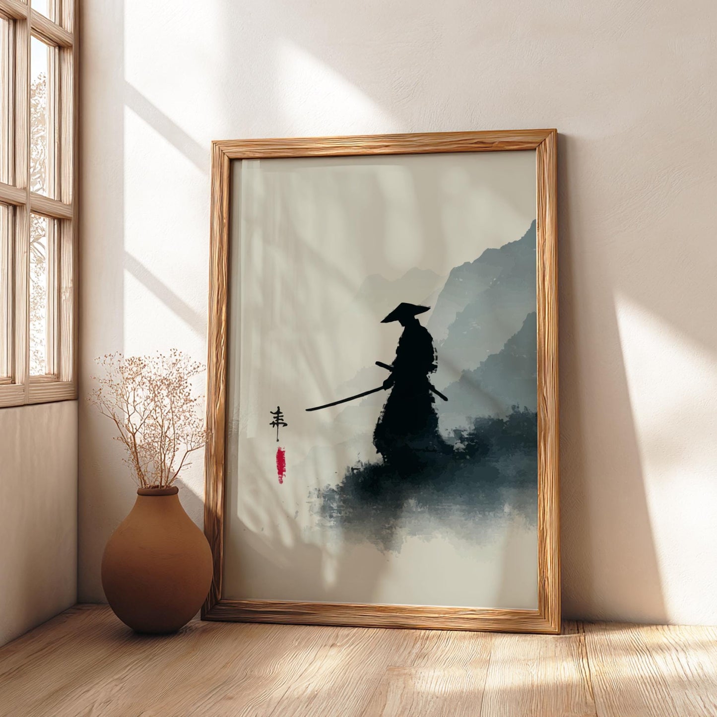 The Lone Blade in the Mists - Minimalist Japanese Ink Wash Landscape Print, Silhouette Figure Art, Zen Mountain Wall Decor