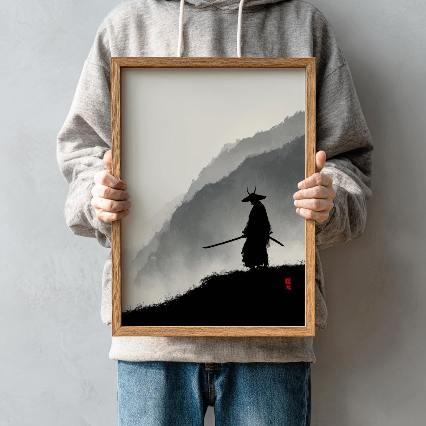 Ascent into the Summit Shadow - Samurai Silhouette Ink Wash Print, Misty Mountains Japanese Minimalist Art, Edo-Inspired Wall Decor