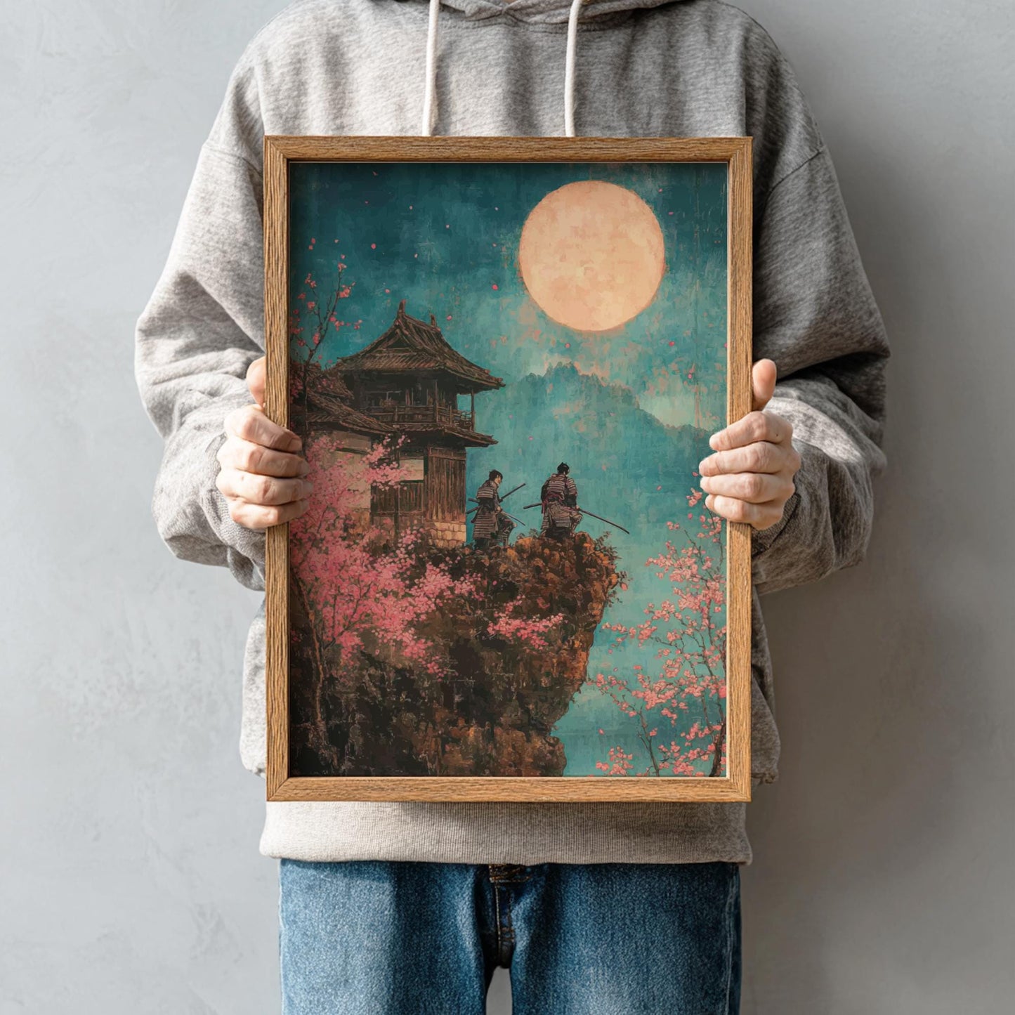 Moonlit Citadel of the Cherry Blossoms - Samurai at Cherry Blossom Castle Print, Vibrant Japanese Ukiyo-e Wall Art, Full Moon Landscape
