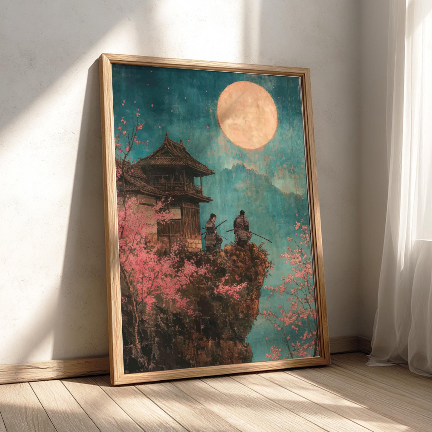 Moonlit Citadel of the Cherry Blossoms - Samurai at Cherry Blossom Castle Print, Vibrant Japanese Ukiyo-e Wall Art, Full Moon Landscape