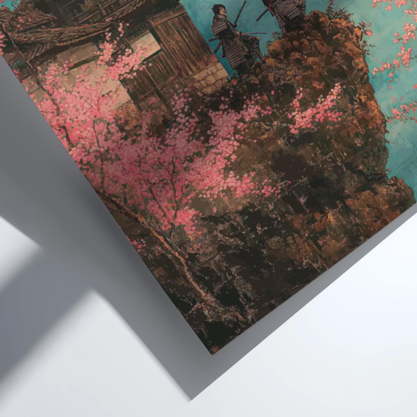 Moonlit Citadel of the Cherry Blossoms - Samurai at Cherry Blossom Castle Print, Vibrant Japanese Ukiyo-e Wall Art, Full Moon Landscape
