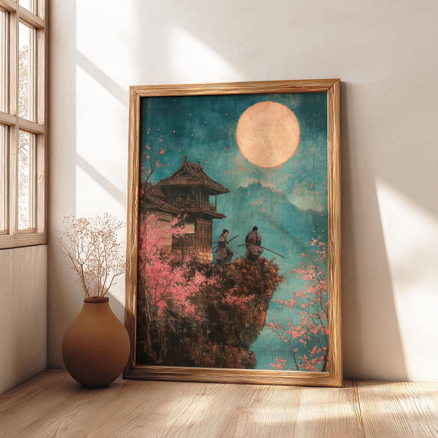 Moonlit Citadel of the Cherry Blossoms - Samurai at Cherry Blossom Castle Print, Vibrant Japanese Ukiyo-e Wall Art, Full Moon Landscape
