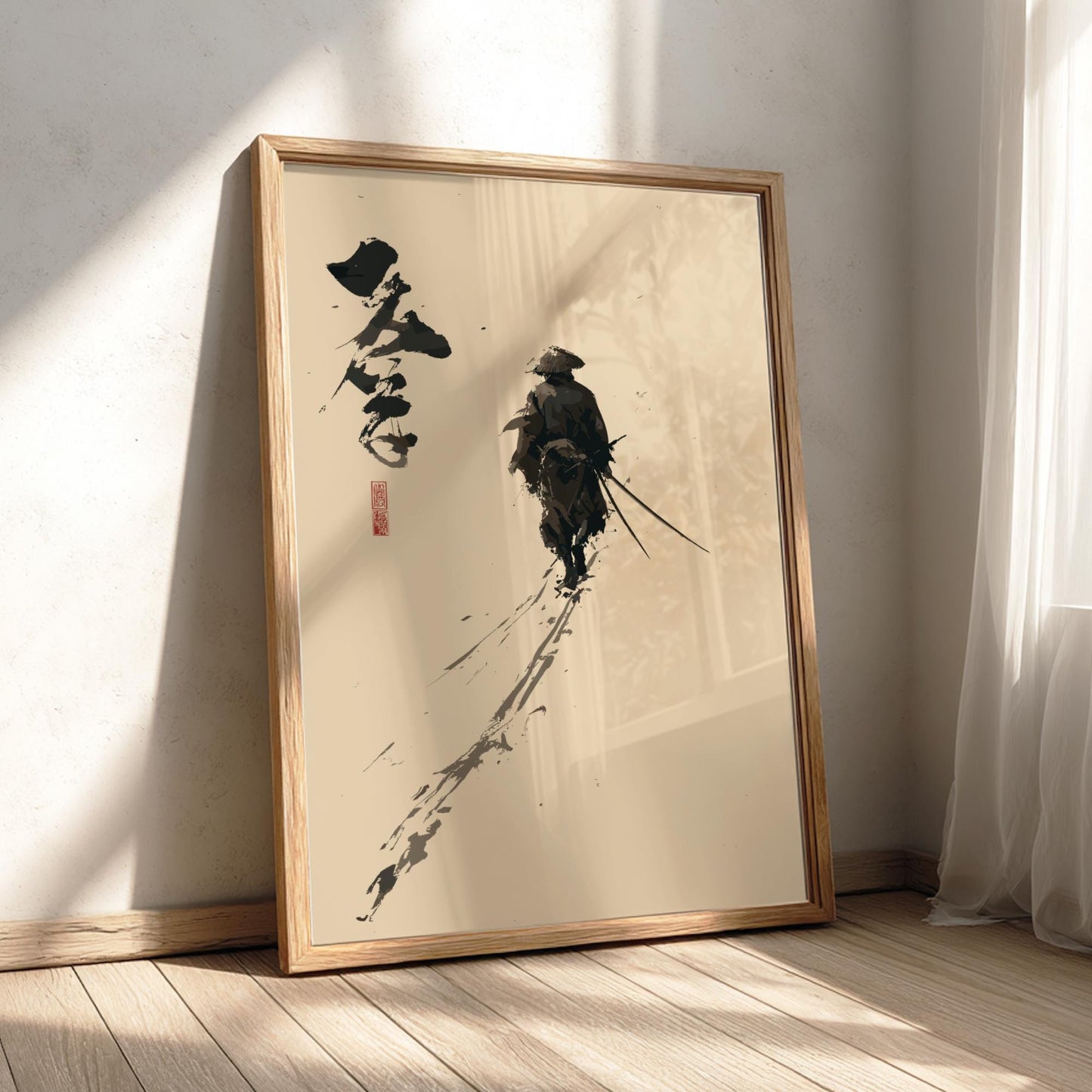 The Brushstroke Wanderer - Samurai and Japanese Calligraphy Print, Monochrome Ink Brush Art, Edo-Inspired Minimalist Wall Decor