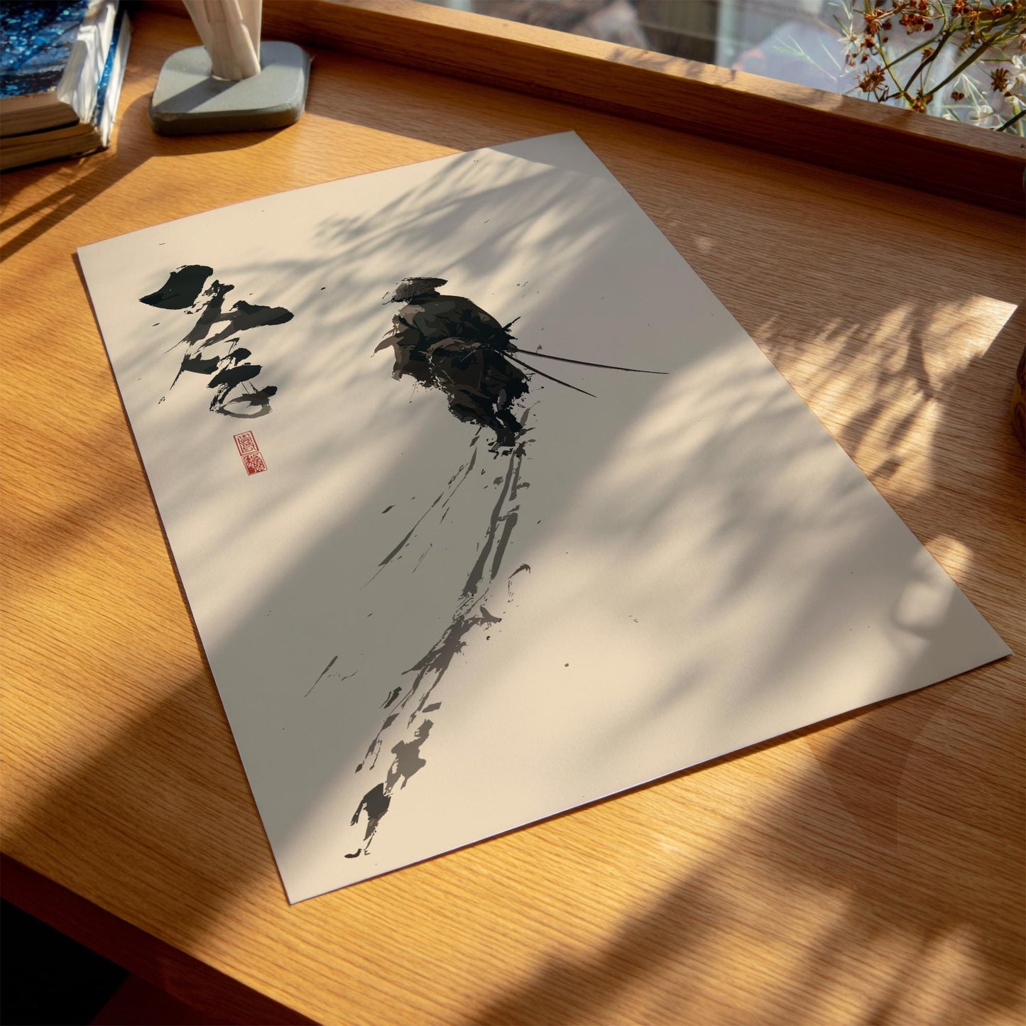 The Brushstroke Wanderer - Samurai and Japanese Calligraphy Print, Monochrome Ink Brush Art, Edo-Inspired Minimalist Wall Decor