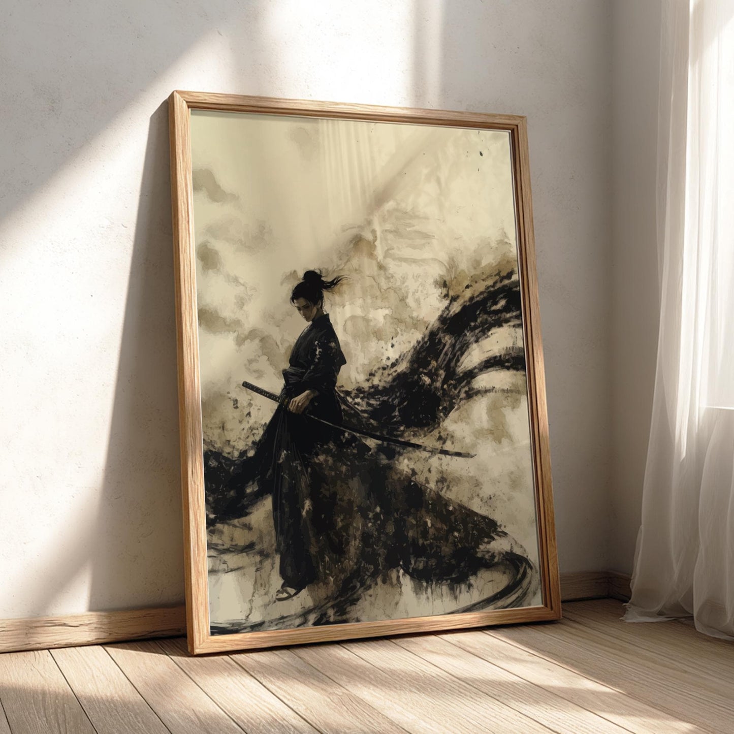 Samurai in the Black Rain - Stormy Samurai Sumi-e Print, Dark Japanese Ink Brush Art, Edo Warrior Minimalist Wall Decor