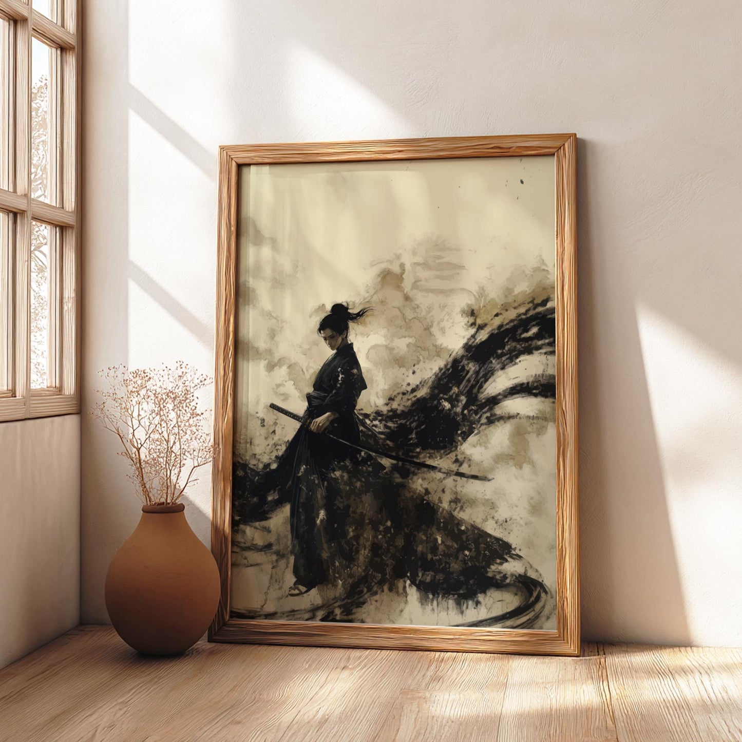Samurai in the Black Rain - Stormy Samurai Sumi-e Print, Dark Japanese Ink Brush Art, Edo Warrior Minimalist Wall Decor