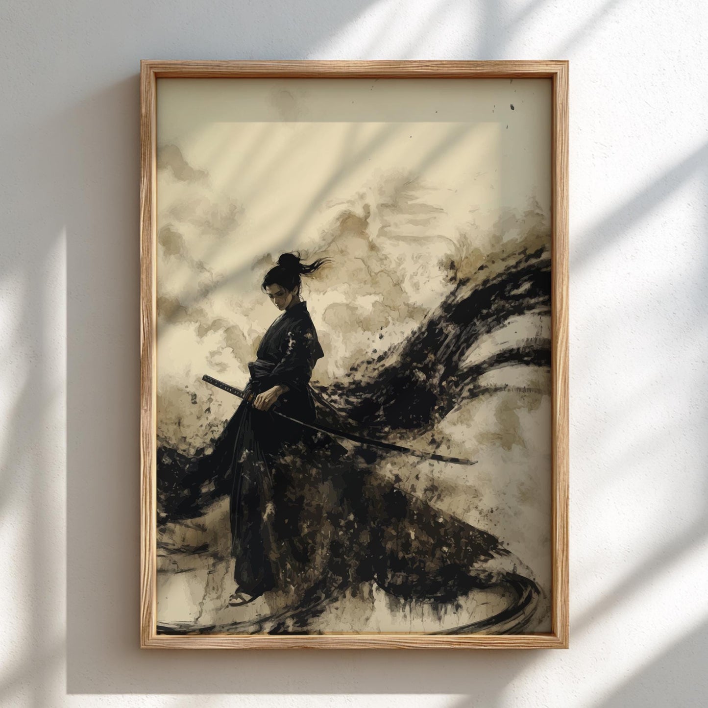 Samurai in the Black Rain - Stormy Samurai Sumi-e Print, Dark Japanese Ink Brush Art, Edo Warrior Minimalist Wall Decor