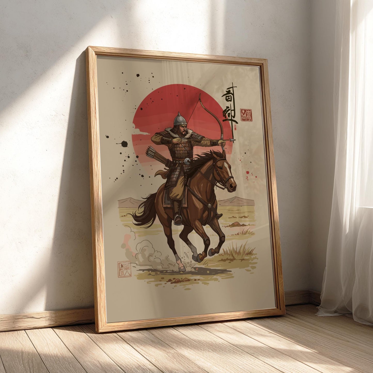 Mongol Archer Japanese Ink Art Print, Mixed Media Rising Sun Poster, Sumi-e Style Warrior Wall Decor