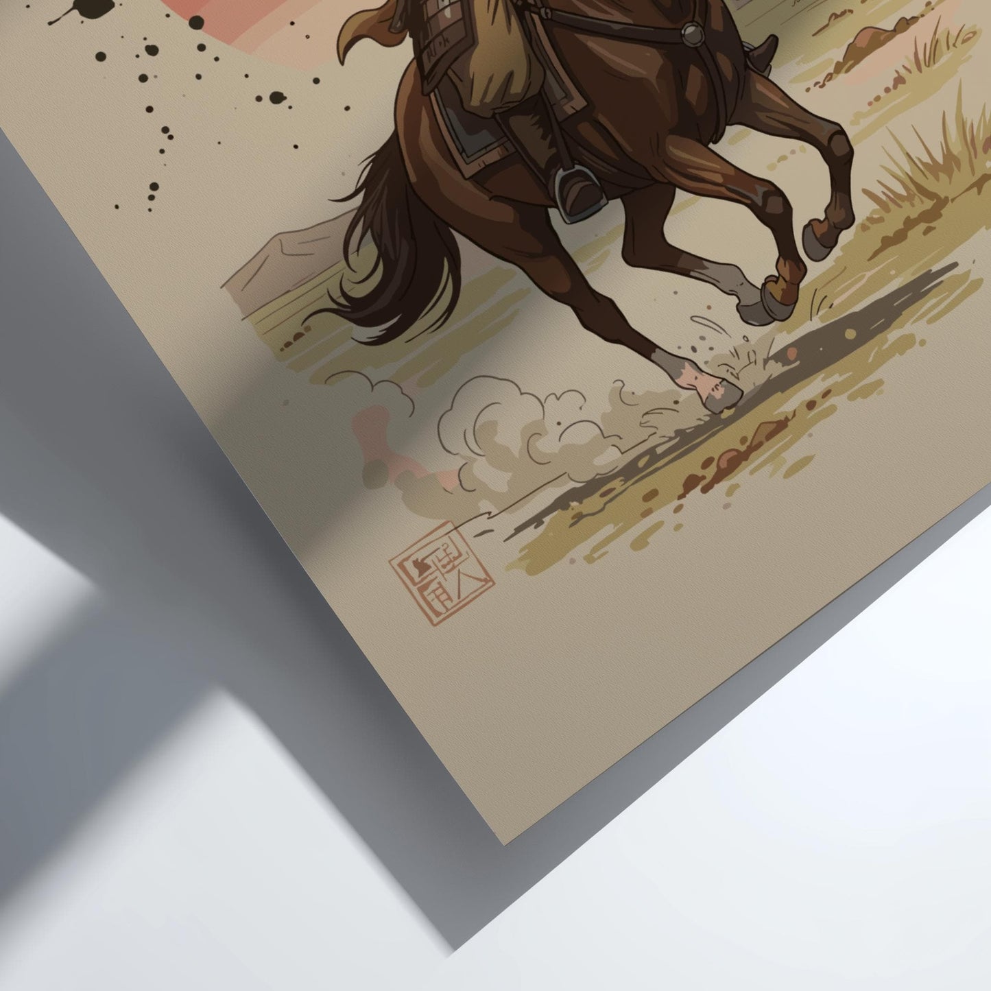 Mongol Archer Japanese Ink Art Print, Mixed Media Rising Sun Poster, Sumi-e Style Warrior Wall Decor
